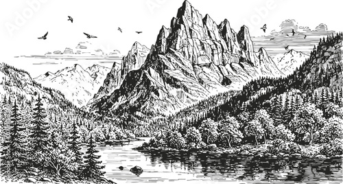 Billede på lærred Jagged mountain peak reflected in a tranquil lake surrounded by dense pine fores