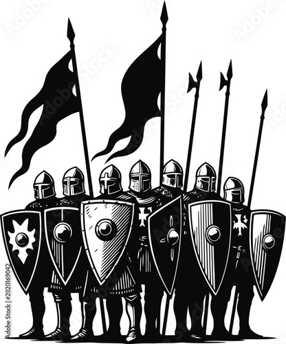 Cuadro en lienzo Knights Templar formation with banners and shields during a historical reenactme