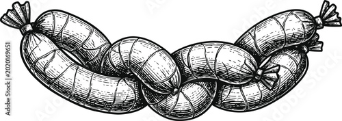 Canvas Print Linked Sausages in a Rustic Engraving Style During a Farmhouse Breakfast