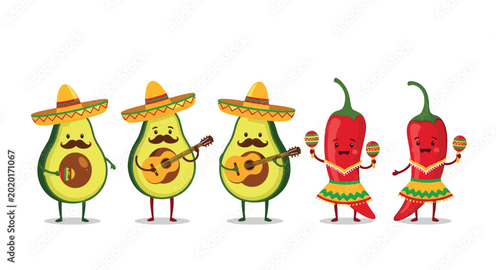 Fototapeta premium Collection of cute avocado and chili pepper characters as a Mexican mariachi band with musical instruments and sombreros.