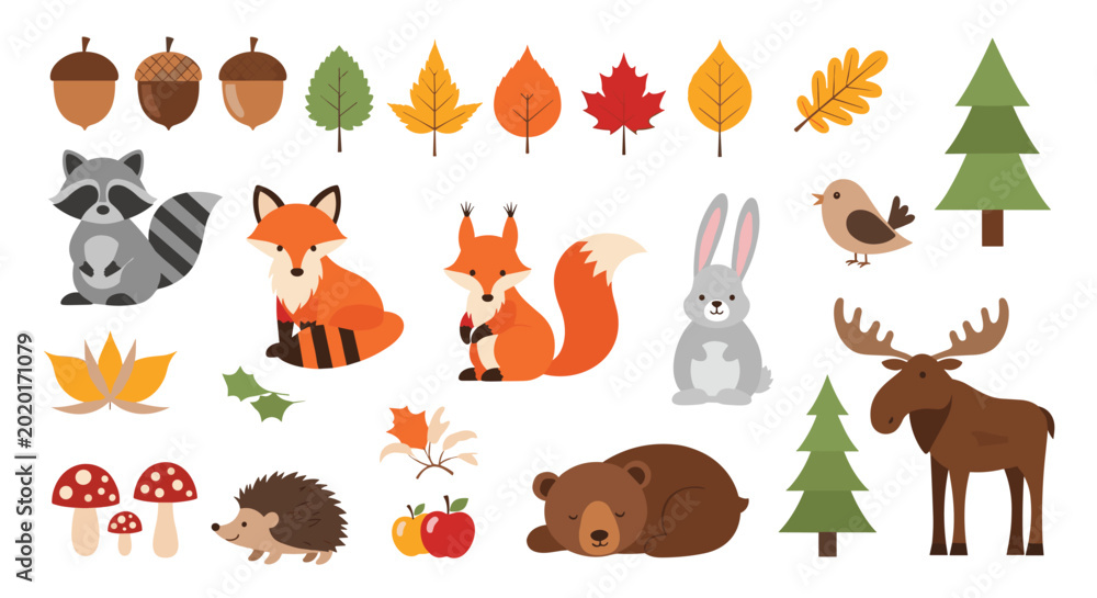 Fototapeta premium Large collection of woodland animals and autumn forest elements including fox, bear, squirrel, and moose with colorful fall leaves.
