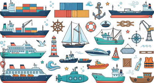 Fotografie Nautical Marine Transport Set with Cargo Ships Sailboats Ferries Submarine Light