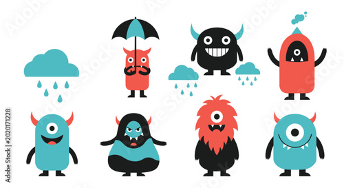 Fun collection of colorful cartoon monsters with various expressions and features like horns and single eyes, some with rain clouds.