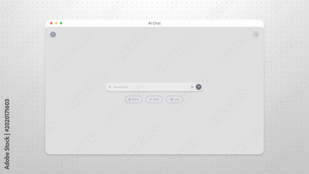 © hiten666 - AI chat interface mockup on digital screen. Minimalist software window with search bar for question and prompt. Innovative technology concept for web application and dashboard design.