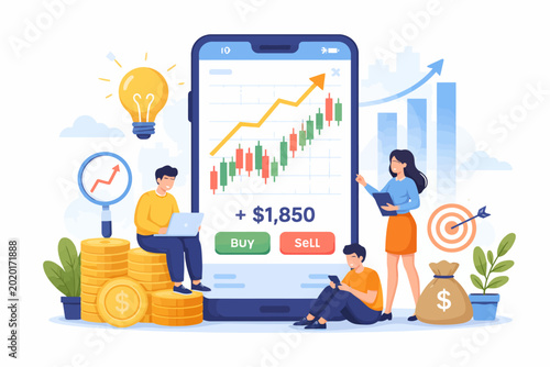 Mobile trading app with graphs and financial growth concept illustration