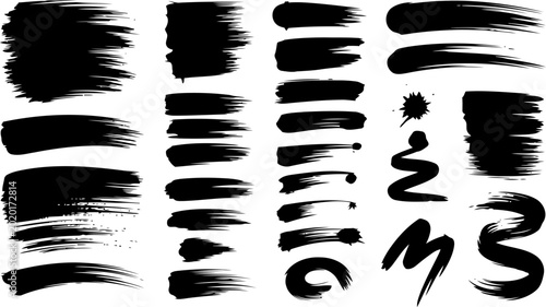 Black ink brush strokes set, hand drawn paint splatter and grunge texture elements, 28 vector brush strokes for artistic design and calligraphy