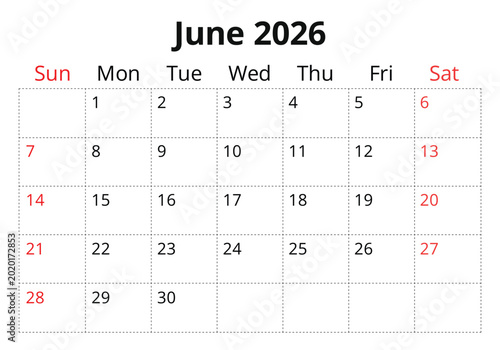 Bild auf Leinwand June 2026 calendar page