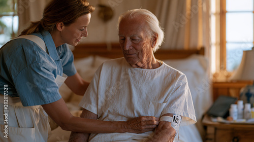 Home health aide assists an elderly male patient attaching a remote monitoring patch device to his forearm in a warmly furnished bedroom, cellular-enabled vitals transmission visible on a companion 