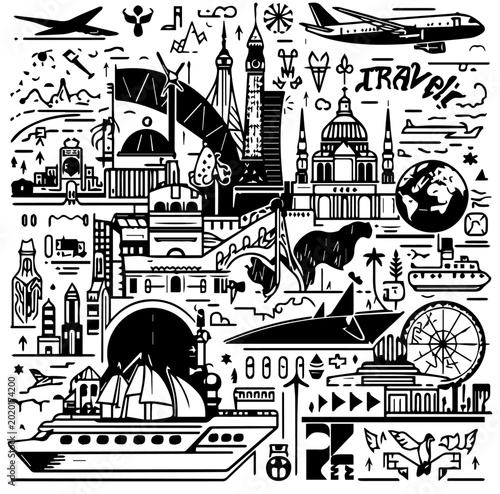 Global Travel and Tourism Concept Illustration - Hand-Drawn Landmarks and Transportation.