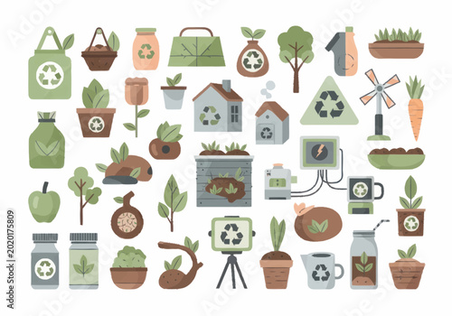 Eco Friendly Icons Set For Sustainable Living And Recycling.