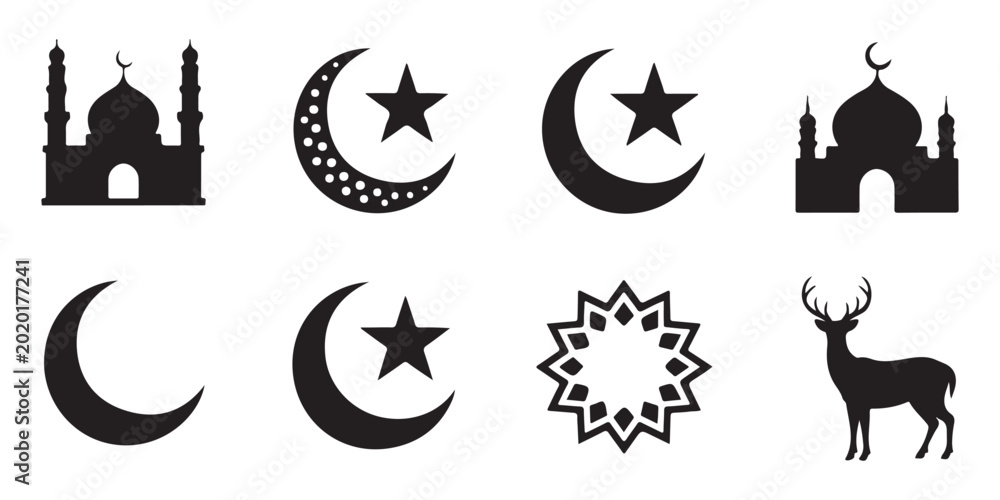 Fototapeta premium Islamic ramadan icons set with black silhouettes of mosque crescent star and deer on white background vector.