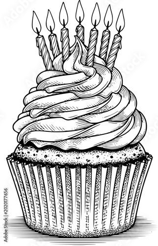 Obraz na plátně Detailed black and white of a cupcake with lit birthday candles and swirled fros