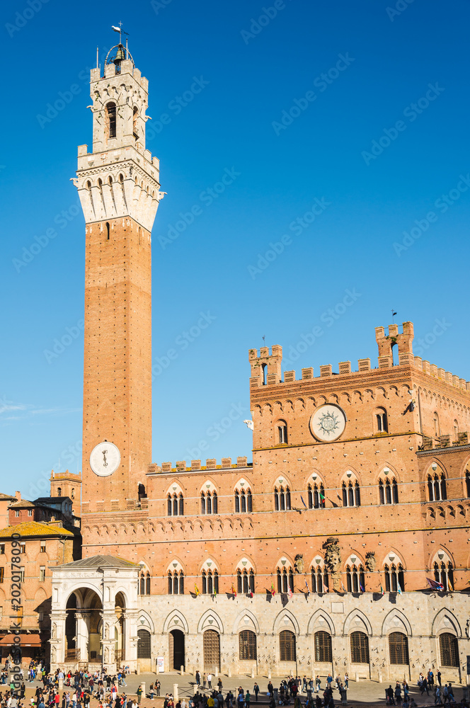 Obraz premium Siena view of medieval town, famous bell tower 'Torre del Mangia' on the Piazza del Campo di Siena, Tuscany, Italy