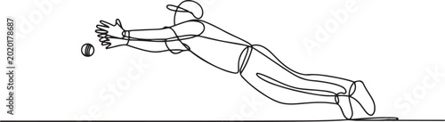 Fotografie Cricket fielder taking stunning catch with one hand outline vector illustration, Cricketer taking diving cath sketch drawing, Cricket clip art