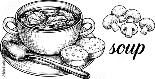 Photos Hand-drawn of hearty soup in a bowl with spoon, bread rolls, and mushrooms