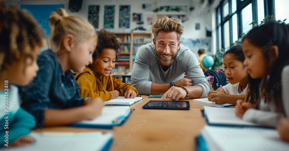 Obraz premium Friendly teacher helping diverse children during a creative classroom learning activity, promoting education, teamwork, childhood development, and modern teaching methods.