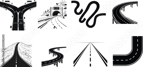 Cuadro en lienzo Set of various road and street illustrations with junction