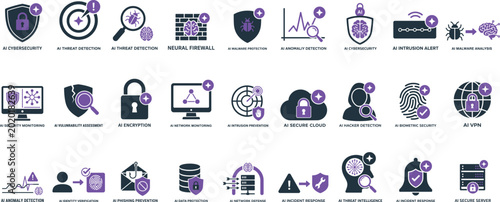 Quadro su tela AI Cybersecurity Icons Set - 20 Vector Illustrations for Artificial Intelligence