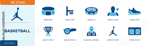 Basketball icon set containing court hoop, arena, player, jump shot silhouette, referee, whistle, championship trophy, sneaker, scoreboard display and more as solid fill vector icons.