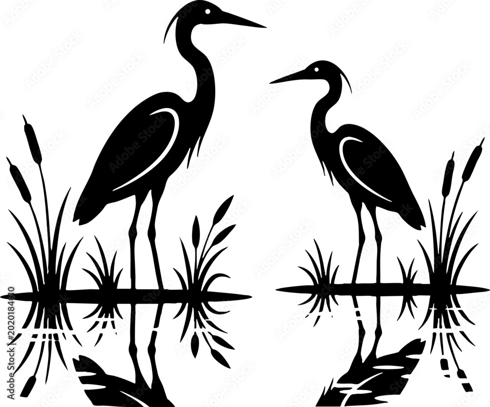 Naklejka premium Silhouette of Two Herons in a Marsh with Water Reflection