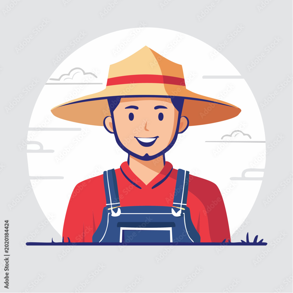 Obraz premium Smiling Farmer Wearing Straw Hat and Overalls