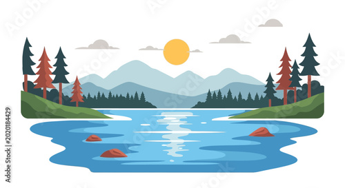 Serene Mountain Lake Landscape with Pine Trees and Sun