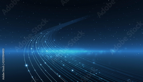 Continuous digital light trails curving elegantly across a deep blue starlit space atmosphere, casting bright optical lens flares along the track for high-speed tech concepts.