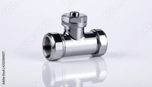 “Polished Chrome Valve with Horizontal Pipes — Precision Plumbing Component, Industrial Engineering Detail, Clean Metallic Finish, Perfect Stock Photo for Hardware, Design, and Manufacturing Visuals”
