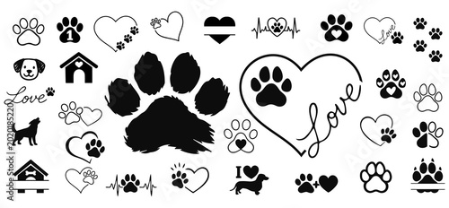 Dog Paw Print Icons Set Pet Love Heart Puppy Vector Collection