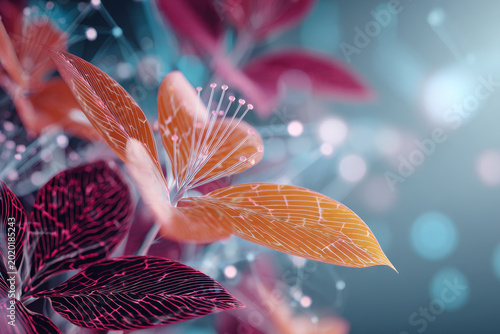Abstract digital flowers with vibrant orange and magenta petals are intertwined with futuristic lines and glowing dots. Soft bokeh lights create a dreamy, modern atmosphere in this floral artwork