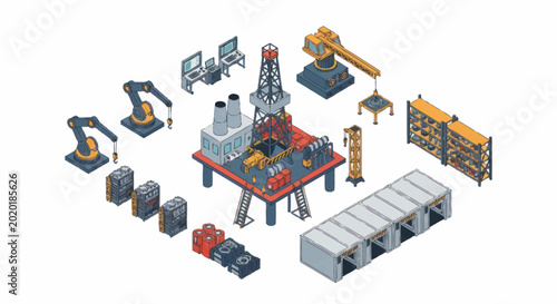 Industrial oil rig and equipment isometric illustration.