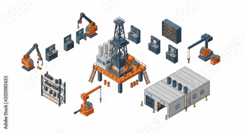 Industrial offshore oil rig and robotic arms isometric illustration.