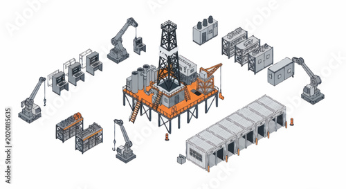 Industrial construction site with heavy machinery and modular buildings.