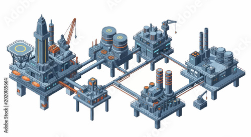 Offshore oil and gas platform complex illustration.