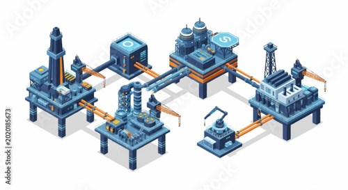 Offshore oil rig platform complex industrial energy production isometric illustration.