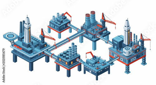 Offshore oil and gas platform complex industrial infrastructure illustration.