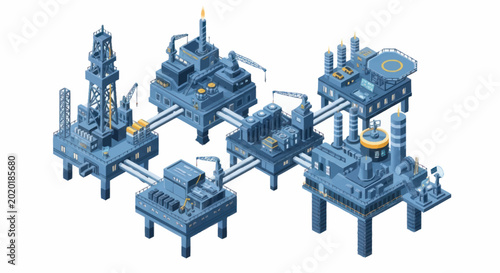 Offshore oil rig platform complex industrial structure illustration.