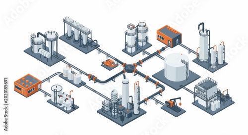 Industrial oil and gas processing plant isometric illustration.