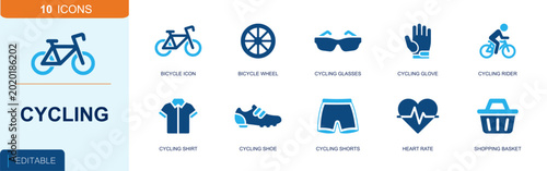 Cycling icon set. Containing bicycle, bicycle wheel, cycling glasses, cycling glove, cycling rider, cycling shirt, cycling shoe, cycling shorts, heart rate and more. Solid fill vector icons.
