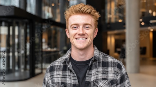 Smiling young man with ginger hair stands in a modern professional office setting.