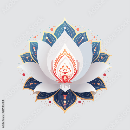 Vibrant lotus flower blooms with intricate patterns and colors in a serene natural setting with leaves and ornaments.