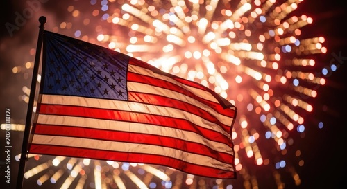 American flag waving against vibrant fireworks display patriotic celebration