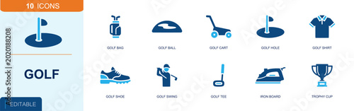 Golf tournament equipment icon set. Containing golf bag, golf ball, golf cart, golf hole, golf shirt, golf shoe, golfer swing, golf tee, trophy cup and more. Solid fill vector icons.