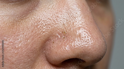 Macro Close-up of Human Nose with Visible Blackheads, Whiteheads, and Enlarged Pores on Oily Skin, Illustrating Common Facial Skin Imperfections