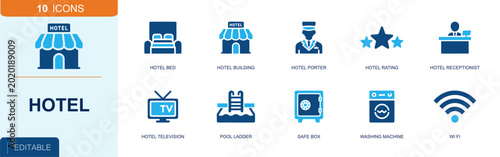 Bild auf Leinwand Hotel icon set containing hotel bed, hotel building, hotel porter, reception desk, hotel television, pool ladder, safe box, washing machine, wi fi and more, solid fill vector icons