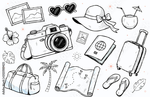 Summer vacation travel essentials doodle collection with camera and passport isolated on white background