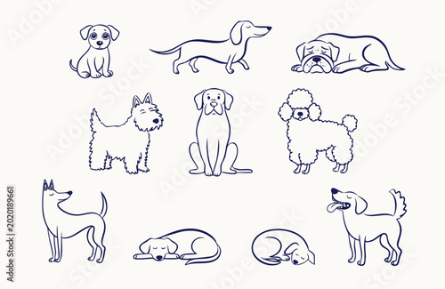 Various dog breeds in simple line art style during a playful collection isolated on white background