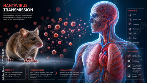 Hantavirus transmission illustration showing a rodent and a human anatomy with viruses spreading