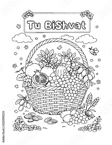 Tu B'Shevat coloring page with fruit basket, Jewish holiday line art