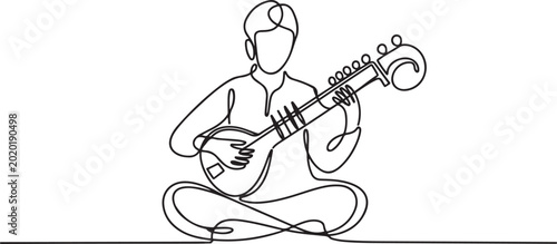Foto Captivating Indian Folk Singer Outline Drawing Illustration in Sitting Pose, Traditional Indian Folk Musician Outline Illustration